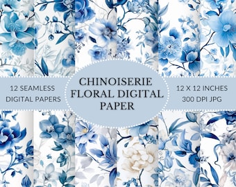 Chinoiserie Floral Digital Paper: Blue & White Oriental Design (Digital Download)