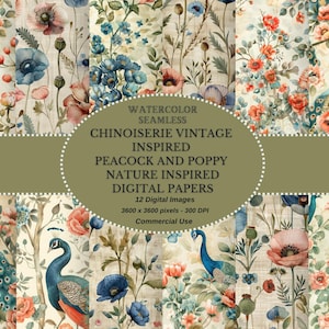 Chinoiserie Vintage inspiriertes digitales Papier Download - Shabby Chic Pfau und Mohn Natur inspiriertes Scrapbook Papier