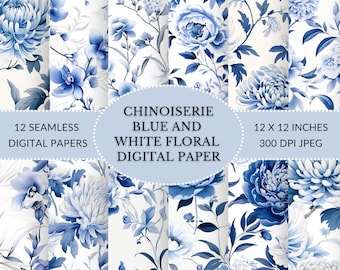Blue & White Chinoiserie Floral Digital Paper (Digital Download)