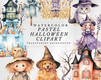 May include: Watercolor pastel Halloween clipart with a witch, a cat, a scarecrow, a house, a pumpkin, a dog, and a girl. The background is transparent.