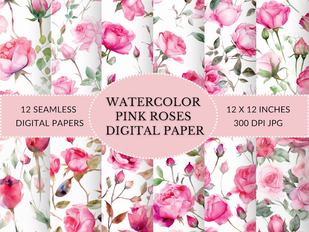 Watercolor Pink Roses Digital Paper Pack, Elegant Rustic Style Roses ...