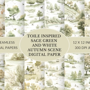 Sage Green Toile Autumn Scene: Seamless Digital Paper (JPEG)