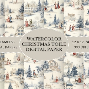 Kerst Toile de Jouy Digitaal Papier - Kerstland Scène Naadloze Patronen voor Commercieel Gebruik, Afdrukbaar digitaal papier in JPEG-formaat