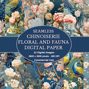 Elegant Chinoiserie digitaal papier met pauw en Aziatische flora in levendig blauw palet - Instant Download voor uitnodigingen en briefpapier