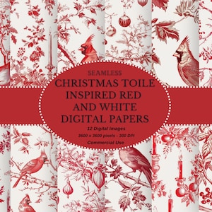 Natal Toile inspirou papéis digitais de flora e fauna vermelha e branca, enfeites de Natal, download digital de azevinho de Natal