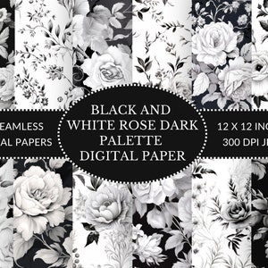 Elegante paquete de papel digital inspirado en damasco de rosas blancas y negras para álbumes de recortes y manualidades