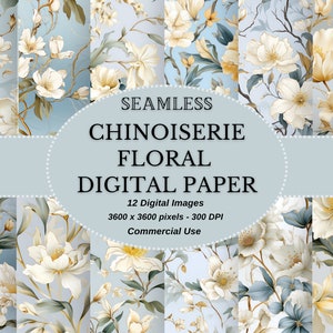 Chinoiserie-geïnspireerd Chinees digitaal papier met winterbloemen en hulst januari-flora - Aziatische digitale papieren Perfect voor doe-het-zelf-ambachten