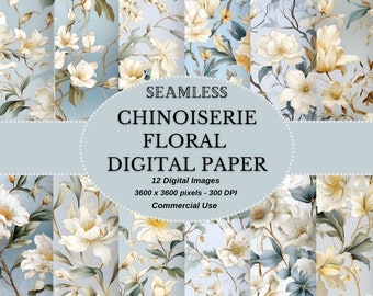 Chinoiserie Inspired Chinese Digital Paper with Winter Floral and Holly January Flora - Asian Digital papers Perfect for DIY Crafts