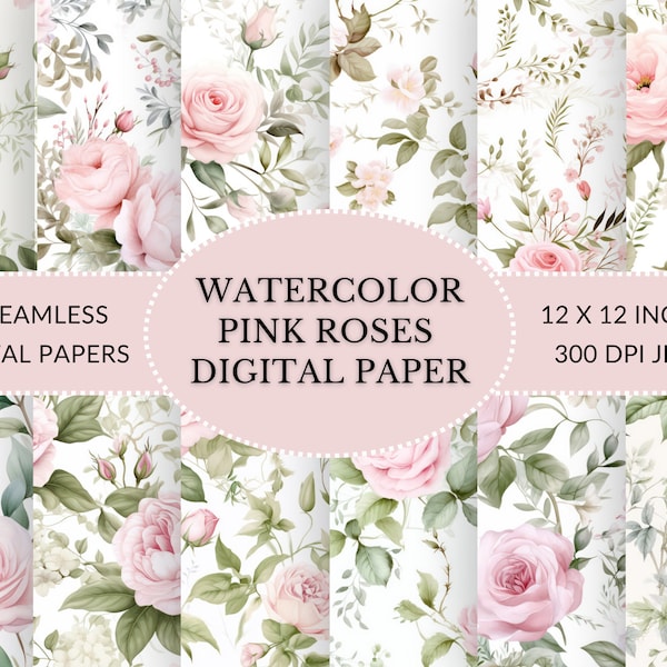 Watercolor pink roses digital paper pack, Elegant Damask inspired seamless pattern, pale pink floral digital paper JPEG for instant download