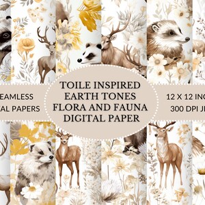Papel digital Toile: Tonos tierra, fauna floral, elegancia vintage (JPEG)