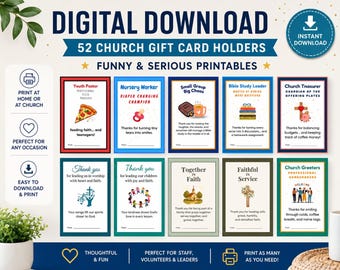 Printable Church Volunteer Gift Card Holder Set: Funny & Faithful Designs (Digital Download)