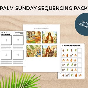 Puede incluir: Un paquete imprimible de secuencias del Domingo de Ramos con el texto "Palm Sunday Sequencing Pack" en la parte superior. El paquete incluye páginas de secuencia de historias, actividades de cortar y pegar y ejercicios de reconocimiento de patrones.
