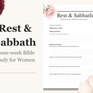 Può includere: Una guida allo studio della Bibbia bianca intitolata "Rest & Sabbath" con accenti floreali. La guida include spunti di riflessione e un riferimento biblico da Matteo 11:28. Il testo recita "Uno studio biblico di una settimana per le donne."