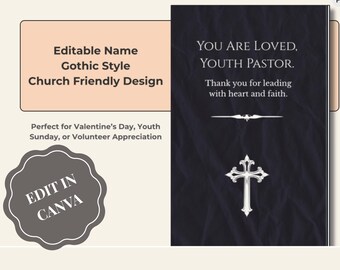 Editable Gothic Christian Card for Youth Pastor, Editable Canva Template, Printable Church Appreciation Gift