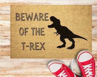 Funny Doormat - Beware of T-Rex, Dinosaur Decor, Nerdy Welcome Mat, Coir Outdoor Rug, Front Porch Decor, Outside Living