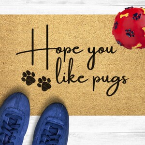 Funny Pug Doormat – Dog doormat, Black Pug Decor, cute welcome mat, coir outdoor rug, unique custom trendy, pet dog lover gift present