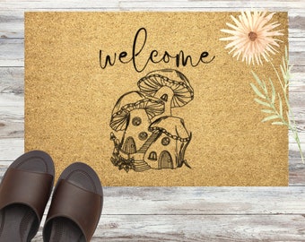 Mushroom Doormat Cottagecore Decor - cute welcome mat, front porch decor, custom unique, nature lover gift, coir outdoor rug, mushroom decor