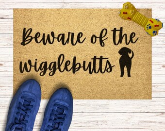 Funny Dog Doormat Beware of Wigglebutts -- cute welcome mat, coir outdoor rug, animal pet lover gift, custom unique, dog decor, porch