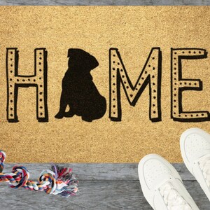 Home Pug Doormat -- cute welcome mat, dog doormat, black pug, coir outdoor rug, pet lover gift, custom, unique, trendy, front porch decor