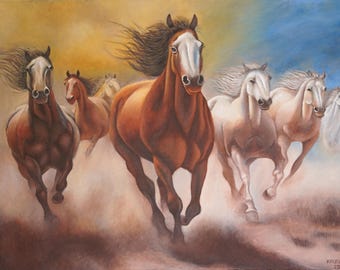 七頭の走る馬の絵画：手作りキャンバスウォールアート（24x48インチ