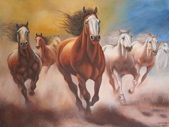 手作りの七頭の走る馬の絵画：ヴァーストゥアート - Etsy 日本