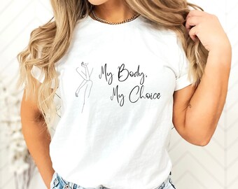 Peut inclure: T-shirt blanc avec un dessin au trait noir d'une femme et le texte "My Body, My Choice."
