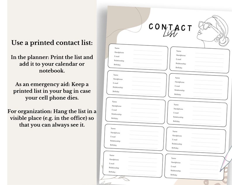 Contacts List Printable, Address Book, Contact Information, Contact ...