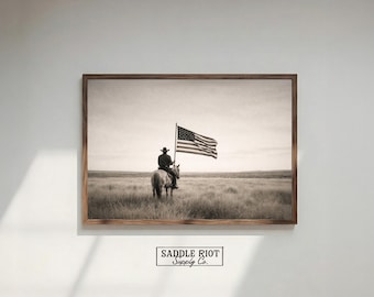 Cowboy American Flag Wall Art, Patriotic Western Print, Vintage Sepia Cowboy on Horse, Rustic Ranch Decor, Digital Download Printable