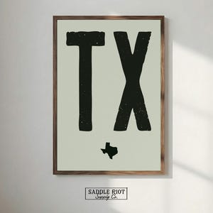 May include: Framed wall art featuring the letters "TX" in bold black, with a silhouette of Texas below. The artwork has a light green background and a dark brown wooden frame. The image is hanging on a white wall.