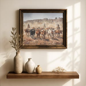 a framed painting of a group of people riding horses in a field, with a wooden shelf below the painting holding three vases and a small plant.