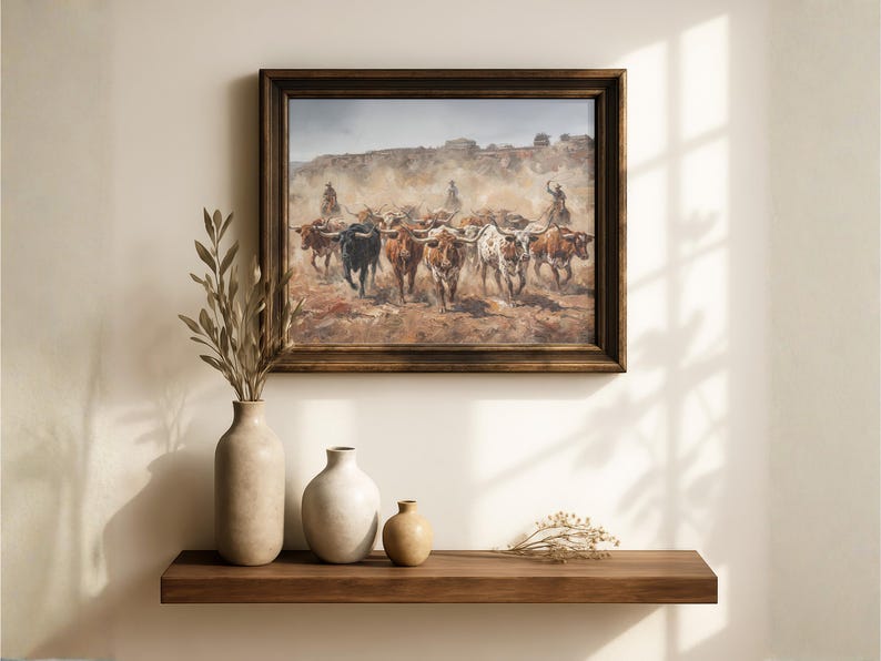 a framed painting of a group of people riding horses in a field, with a wooden shelf below the painting holding three vases and a small plant.