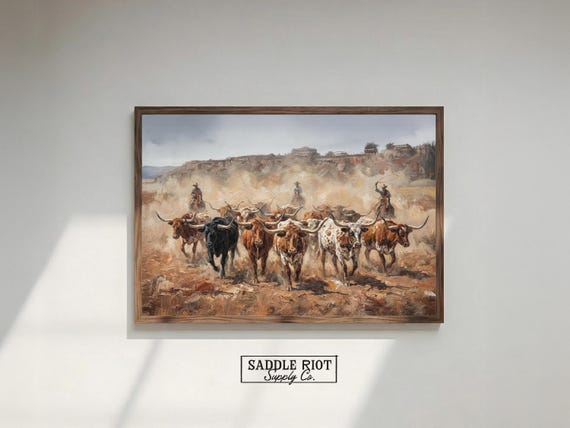 Texas Longhorn Cattle Drive Canvas Print, Western Cowboy Wall Art, Rustic Ranch Decor
