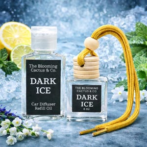 May include: Two clear glass car air freshener bottles with the text "DARK ICE" on a black label. One bottle is a refill oil, the other is 8 ml. A yellow cord and wooden diffuser top are attached to the smaller bottle. The background is a blue and white icy scene.