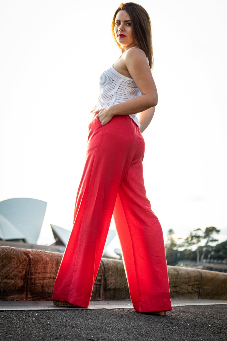 Women Red High Waist Wide Leg Pants