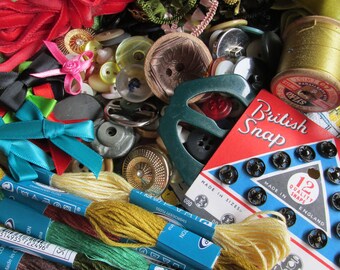 Vintage Buttons & Sewing Ephemera for Craft and Sewing Projects - includes Ribbons, Bows and Thread.