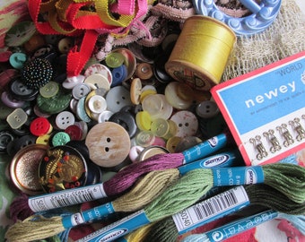 Jar of Vintage Buttons & Sewing Ephemera for Craft and Sewing Projects - includes Ribbons, Lace, Thread and Buckle.