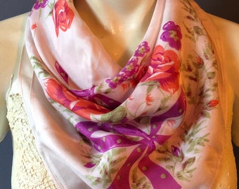 Square Silk Scarf - Cream w/ Purple Bows and Floral