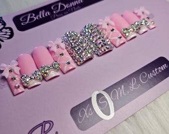 White Frenchie Rhinestone Press On Nails