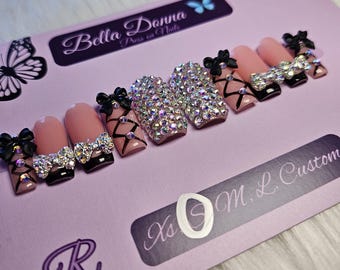 Black Frenchie | Rhinestones | Press On Nails | Bling | Fake Nails | Reusable