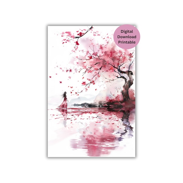 Cherry Blossom Wall Art Pink Dress Art Canvas Tree Print Pink Blossoms Wall Decor Pretty Girl Wall Art Pink Flower Artwork Water Reflection