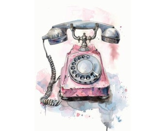 Impresión artística de acuarela de un teléfono retro rosa: decoración de pared glamurosa (descarga digital)