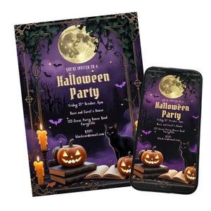 Gotische Enchanted Forest-uitnodiging voor Halloween-feest | Bewerkbare canvassjabloon voor een elegante spookavond