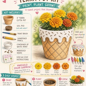 Kit de cultivo DIY con forma de cono de helado, maceta de terracota, semillas de caléndula, proyecto de cultivo de plantas pintadas