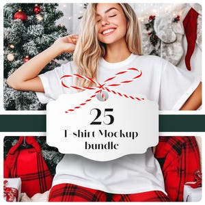 Festive White T-Shirt Mockup Set – 25 Cozy Holiday Scenes, Christmas Theme, High-Quality JPGs for Instant Download, Commercial Use