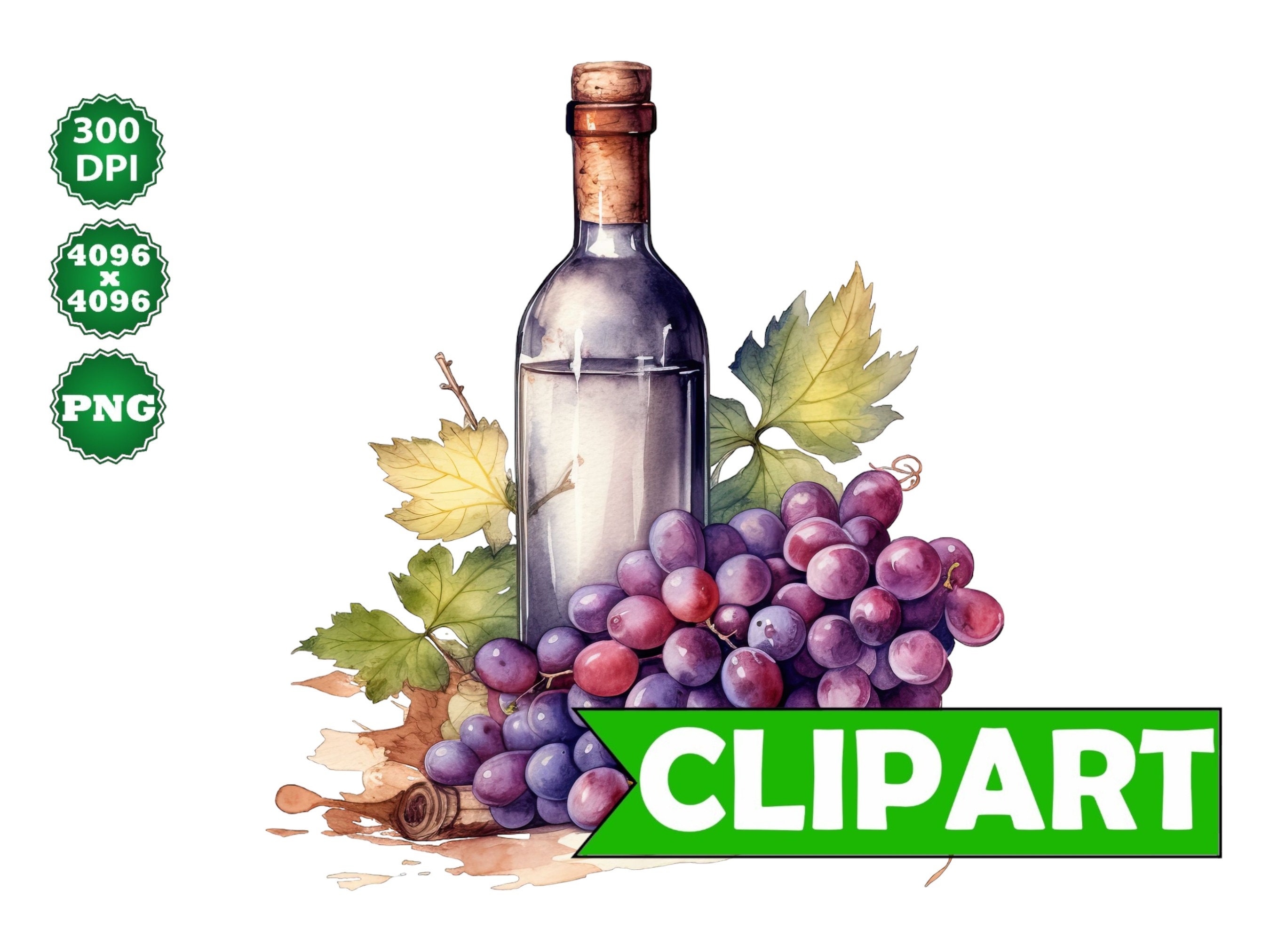 Watercolor Clipart Wine Bottle With Grapes Card Making Junk Etsy