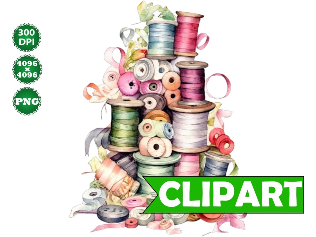 Watercolor Clipart Sewing Buttons and Ribbons Card Making Etsy