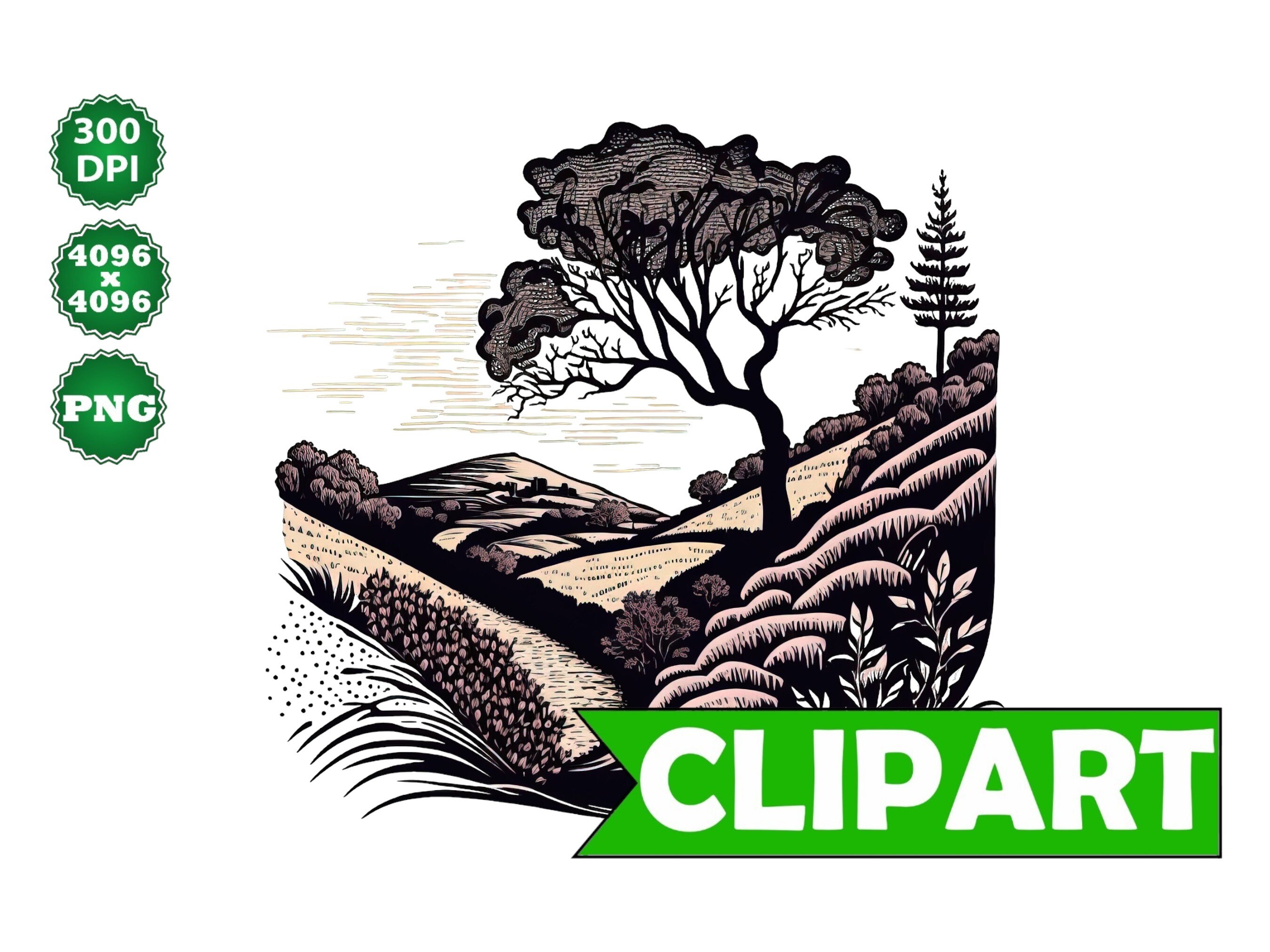 Watercolor Clipart Linocut Landscape Card Making Junk - Etsy