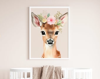 Baby Deer Watercolor Print, Floral Headpiece, Nursery Art