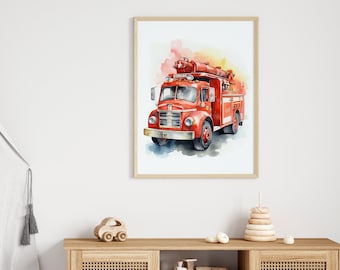 Watercolor Fire Truck Print, Kids Playroom Art (Digital Download)