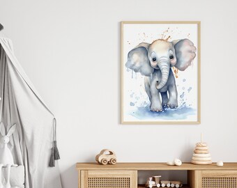 Baby Elephant Watercolor Print, Playful Nursery Decor